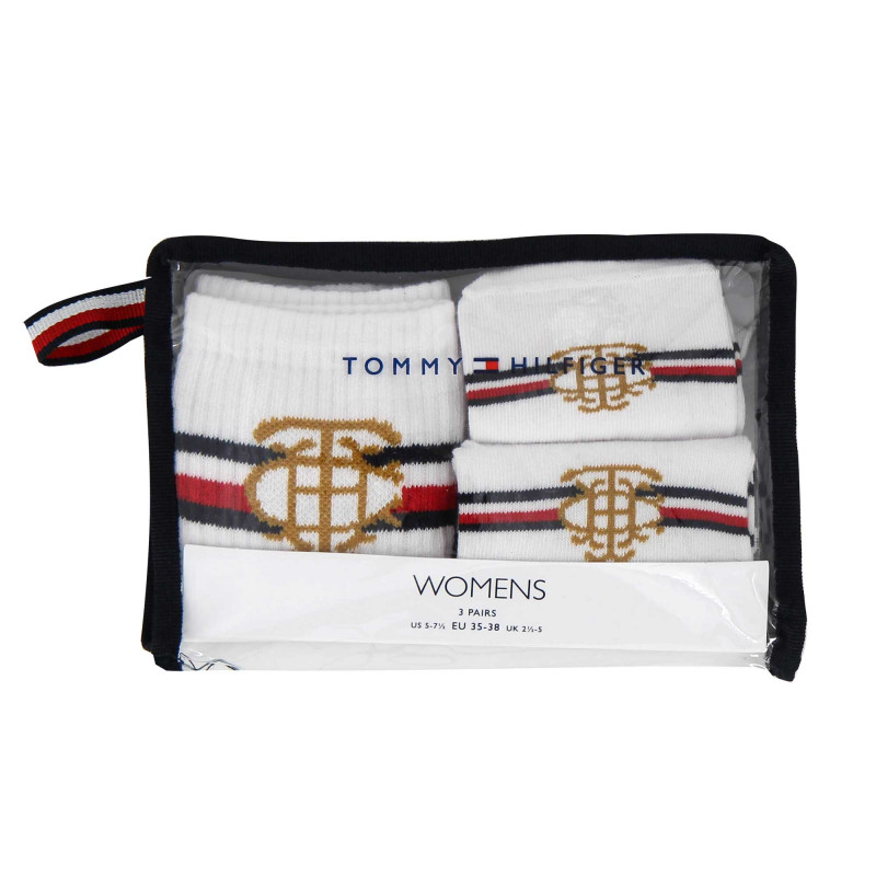 Lot de 3 chaussettes différentes bleu blanc rouge coton stretch Femme TOMMY HILFIGER marque pas cher prix dégriffés destockage
