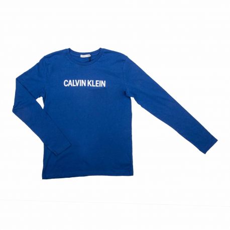 Tee-shirt uni col rond manches longues coton Enfant CALVIN KLEIN marque pas cher prix dégriffés destockage