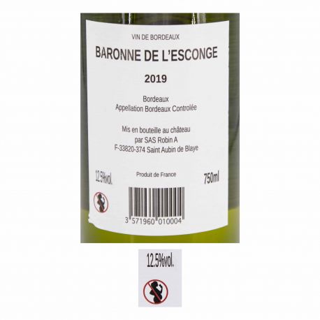 vin blanc Aoc bordeaux 75cl 2019 baronne de l'esconge  marque pas cher prix dégriffés destockage