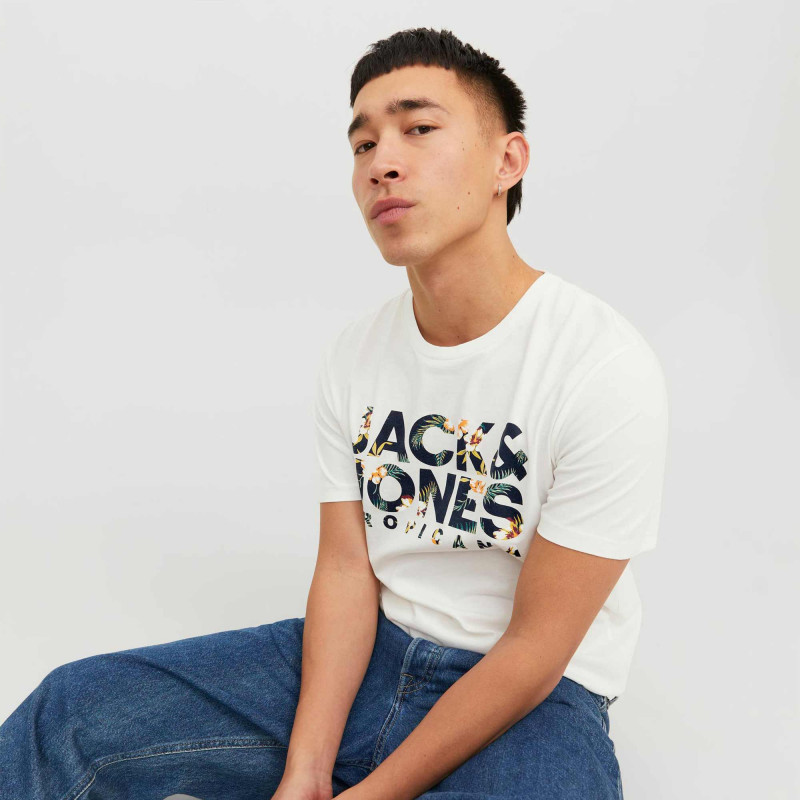 Tee shirt manches courtes inscription logo fleuri coton Homme JACK & JONES marque pas cher prix dégriffés destockage