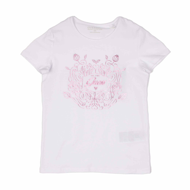 Tee shirt avec logo et dessins fleur Enfant GUESS marque pas cher prix dégriffés destockage