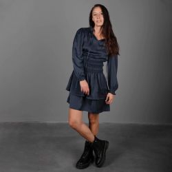 Robe élastiquée à la taille à volants effet soie bleu nuit Femme DEELUXE 74