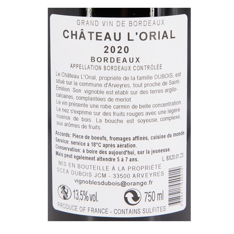 AOC BORDEAUX ROUGE 2020 CHATEAU L'ORIAL 13.5% 75CLAR12406