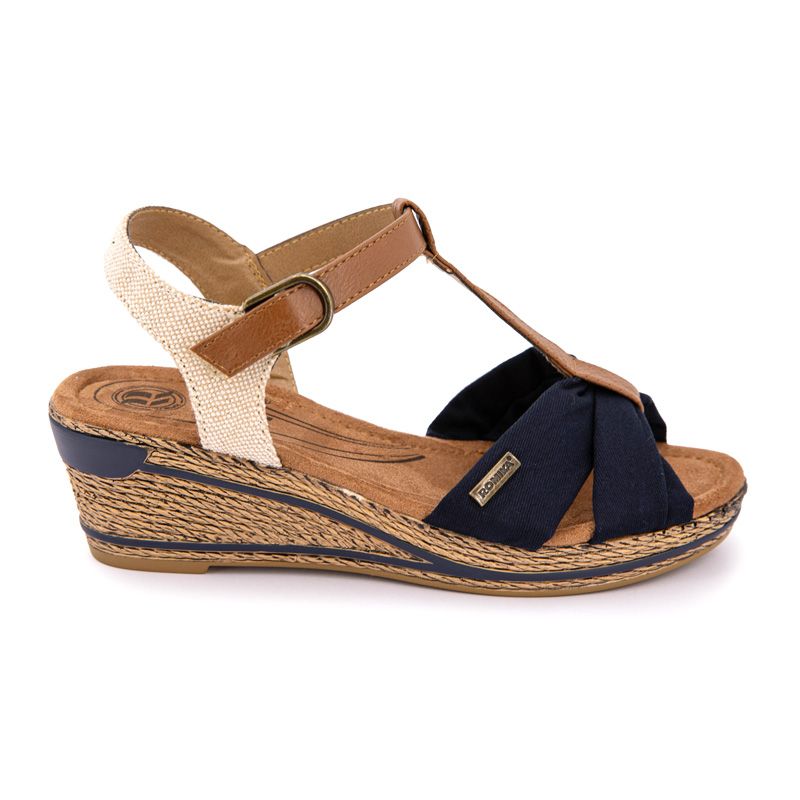 sandales compensées beige et bleu femme romika