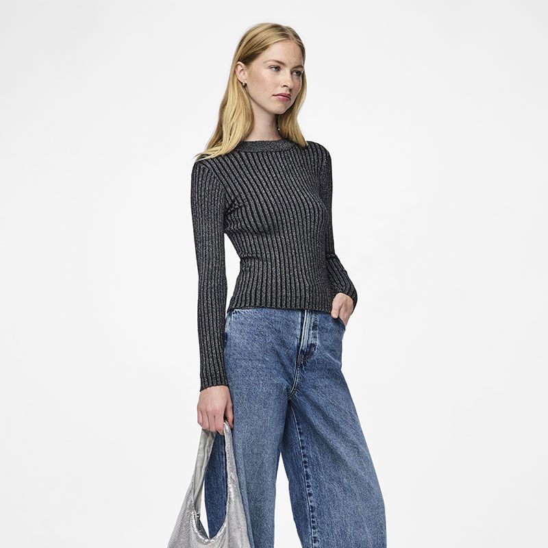 Pccrista ls lurex o-neck knit mm black/silver xs au xl Homme PIECES