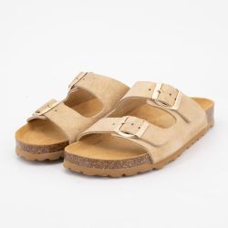 Mules double bride en cuir à clous dorés couleur sable Femme I AM