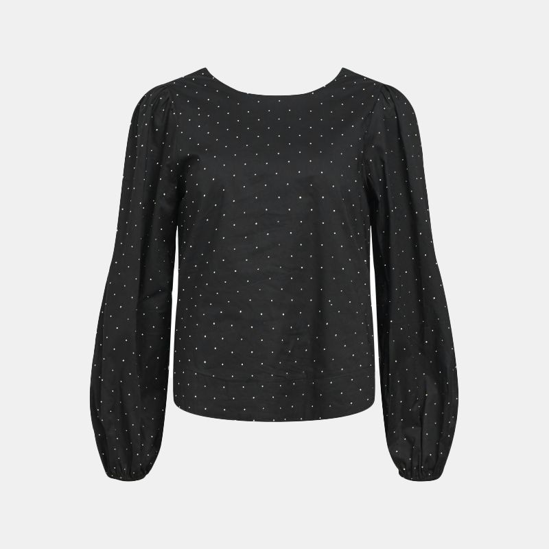 Blouse à pois coton col rond noir Femme OBJECT