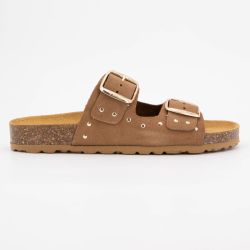 Mule cuire avec double boucles ajustables et clous dorés Femme I AM